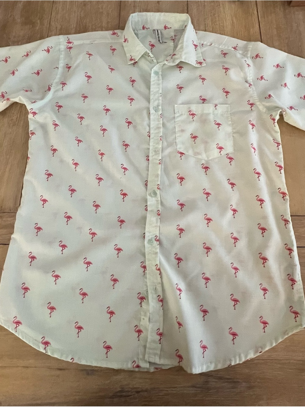 Men's White Short-Sleeve Button-Up Shirt with Pink Flamingo Print